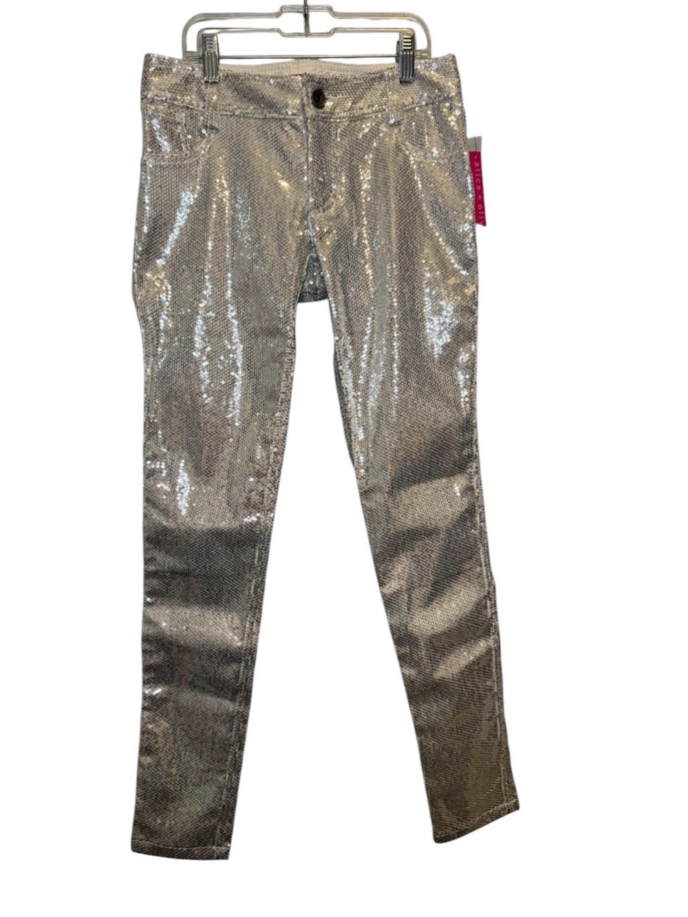 NWT Alice + Olivia Silver Sequin Skinny Pants 0 Glam Disco Party Metallic NYE